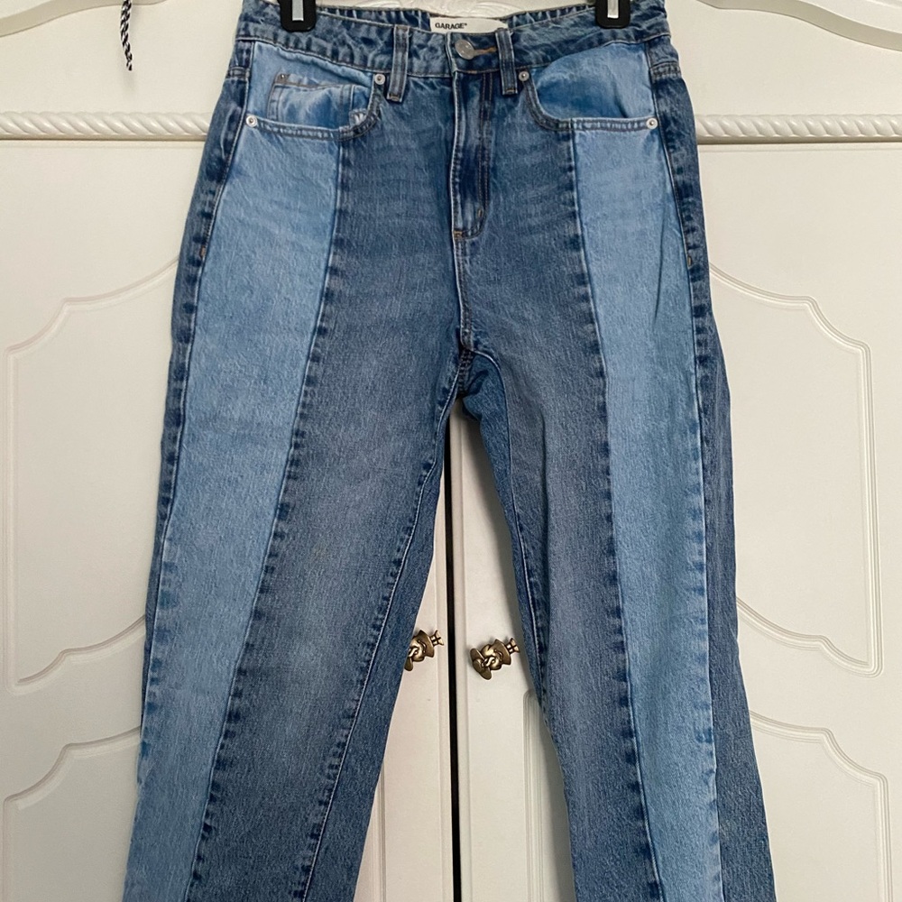 garage half light wash half dark wash mom jeans